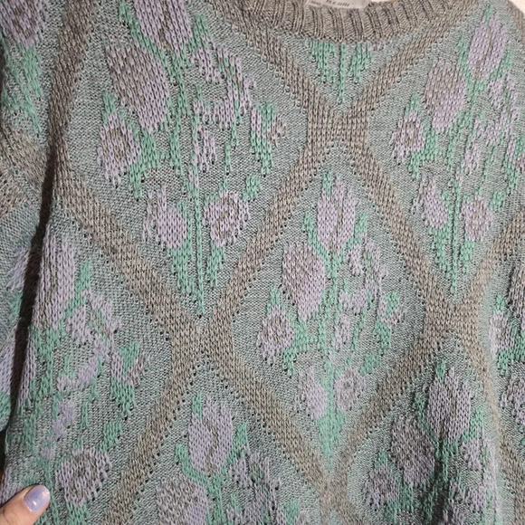 Vintage Floral Argyle Crewneck Wool Blend Pullover Sweater Medium 90s - Picture 5 of 7